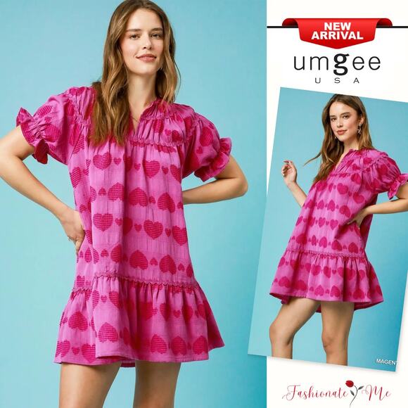 Umgee Heart Pattern Ruffled Short Sleeves Relaxed Babydoll Mini Dress | Magenta - Picture 1 of 6